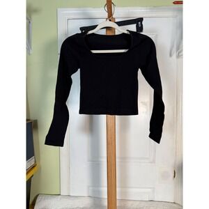 OQQ Black Ribbed Long Sleeve Crop Top Square Neck Seamless Small